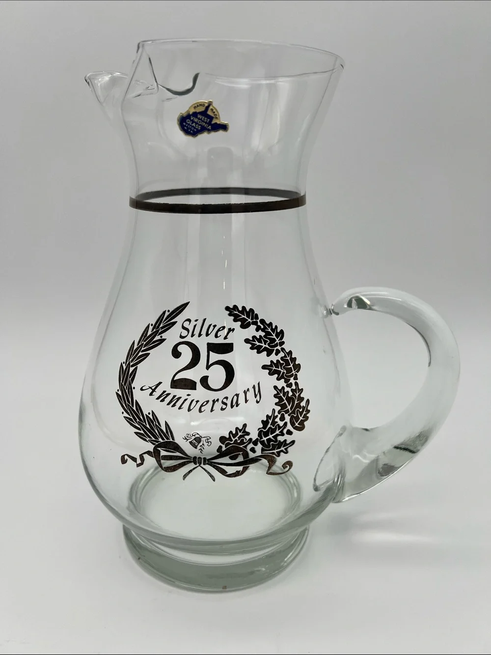 Vintage West Virginia Glass Co. 25th Silver Anniversary Hand-blown Glass Pitcher